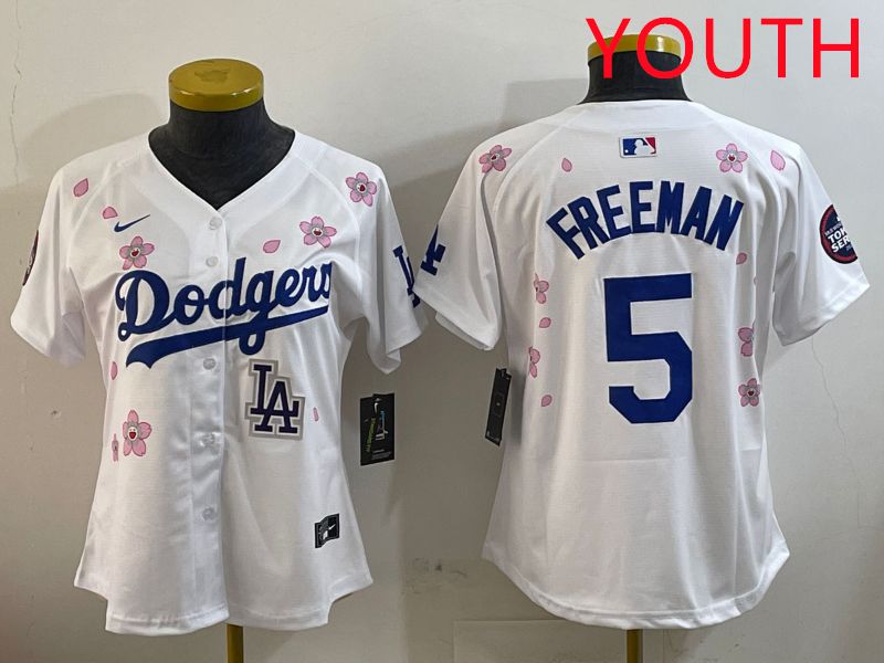 Youth Los Angeles Dodgers #5 Freeman White Sakura Edition 2025 Nike MLB Jersey style 9->youth mlb jersey->Youth Jersey